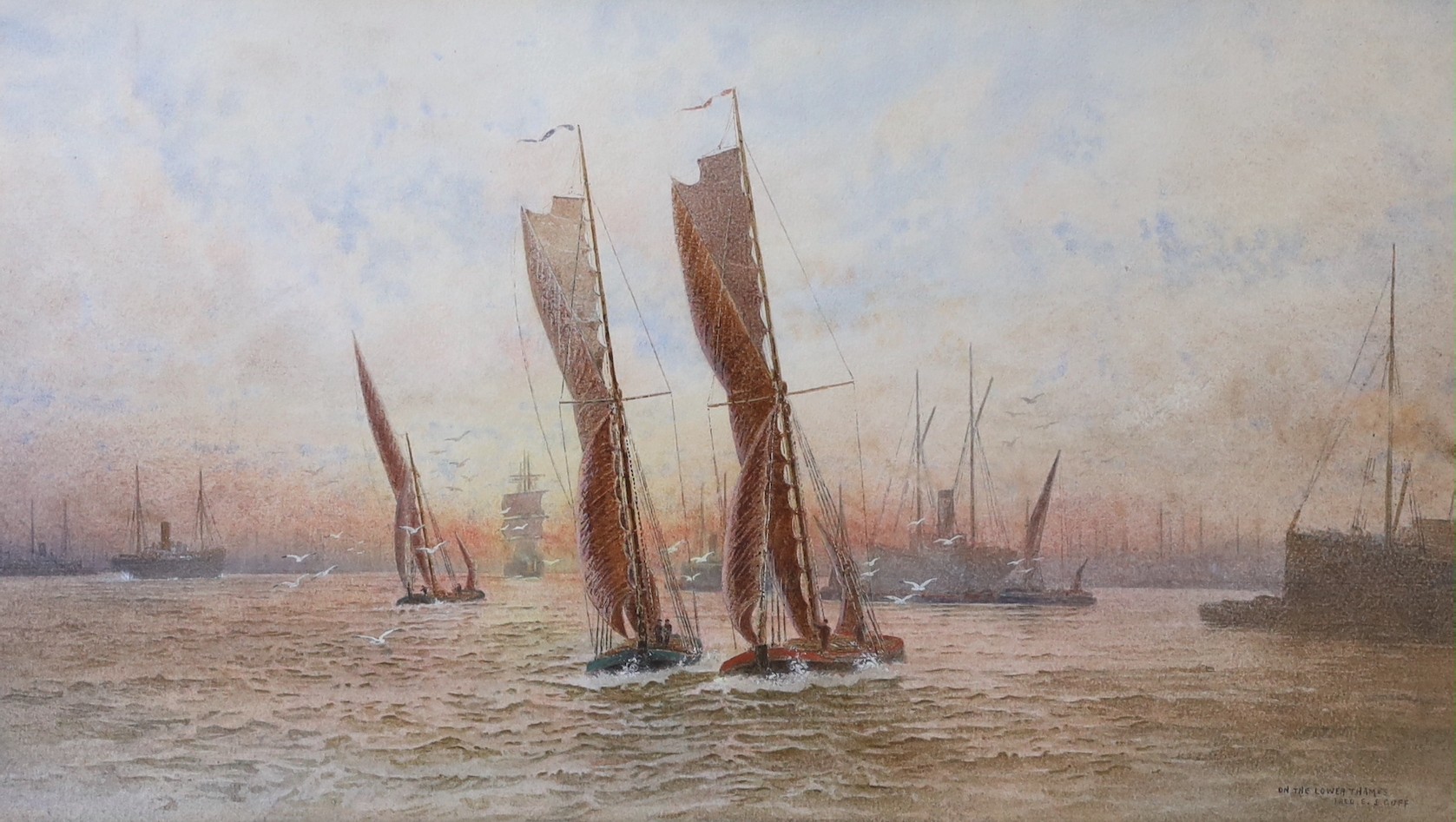 Frederick Edward Joseph Goff (1855-1931), watercolour, 'On the Lower Thames', signed, 25 x 45cm